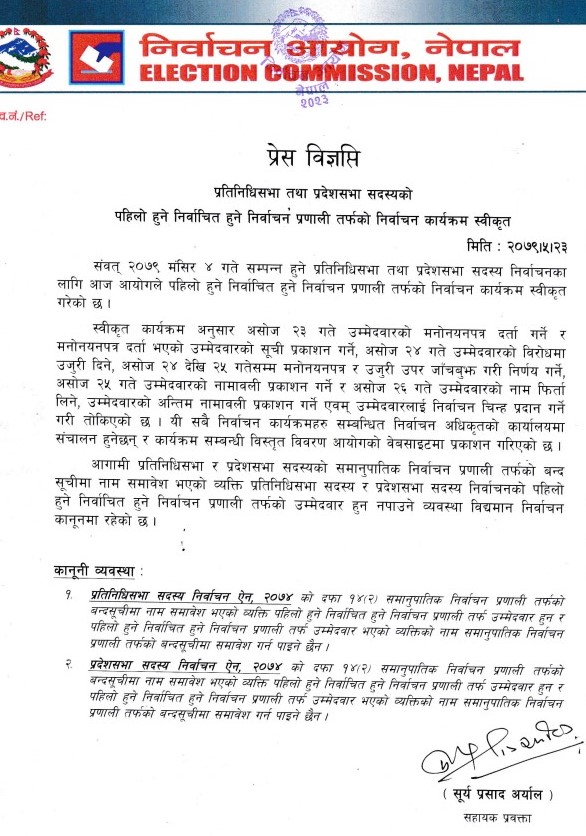 प्रदेश तथा प्रतिनिधि सभा सदस्य निर्वाचनः कोजाग्रत पूर्णिमाको दिन उम्मेदवारी दर्ता