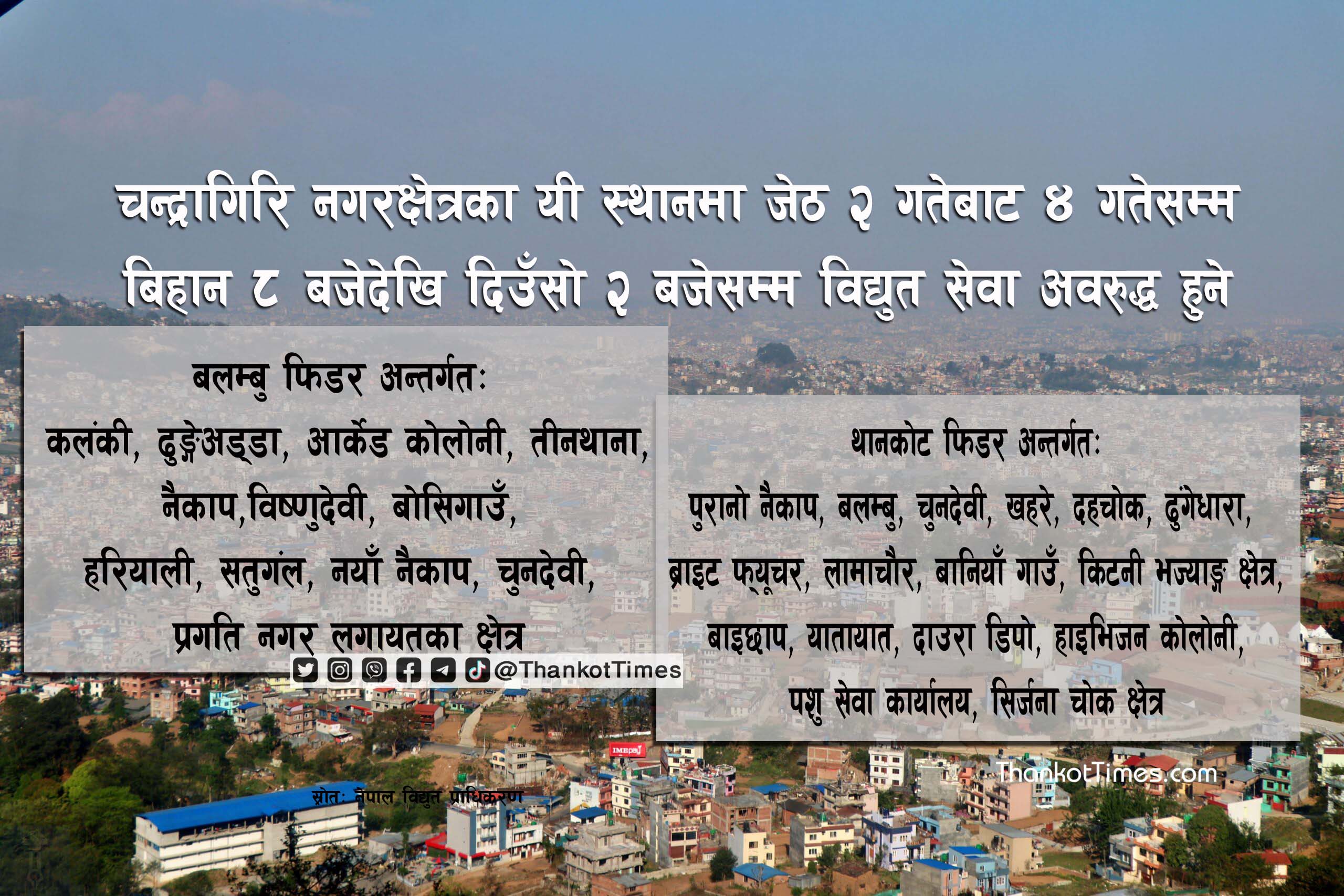 चन्द्रागिरिका अधिकांश क्षेत्रमा आजपनि बिहान ८ बजेबाट ६ घण्टा बत्ति जाने